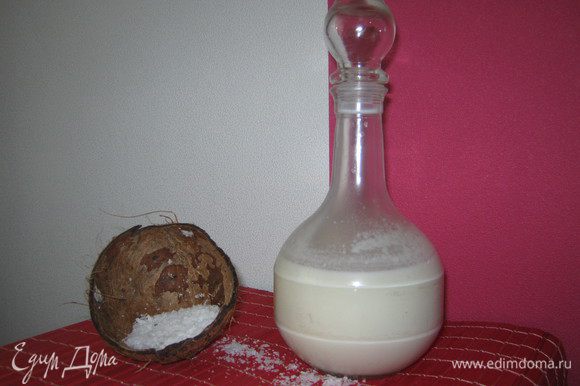 В бутылку или банку наливаем водку,добавляем сгущенное и кокосовое молоко.Закрываем емкость крышкой и очень хорошо взбалтываем. Напиток храним в холодильнике. Перед подачей,края бокала обмакиваем во взбитый белок,затем в кокосовую стружку.Бокал наполняем кубиками льда и наливаем аперитив.