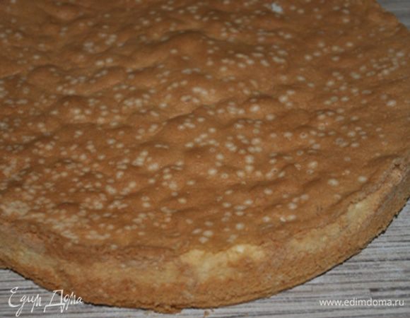 Духовку нагреть до 180 гр.
Яйца, воду и сахар взбить , пока масса не увеличится втрое. Муку, крахмал и разрыхлитель просеять, смешать с яйцами.
Выложить тесто в форму 26 см., выпекать 30-35 минут. Остудить.