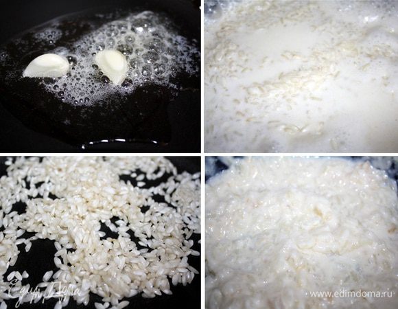 В сковороде разогреть смесь сливочного и оливкового масла.Зубчик чеснока разрезать и обжарить в масле на маленьком огне.Добавить рис и и прогреть его с чесноком.Потемневший чеснок удалить из сковороды.Рис залить молоком и варить его до готовности с добавлением соли,сахара и ванилина.Остудить.