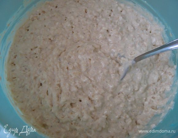 Заливаем хлопья катыком и оставляем на пару часиков. Добавляем соду и хорошенько перемешиваем и оставляем на 5 мин.