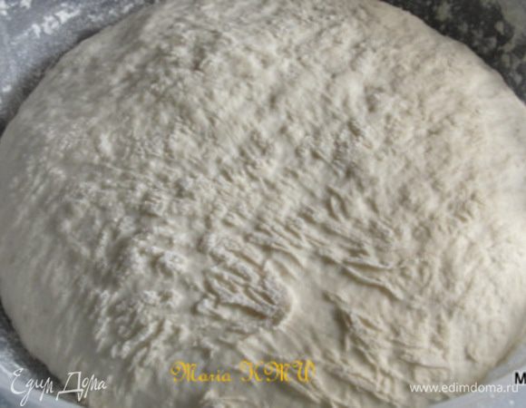 Поставим тесто в теплое место на один час, накроем влажным полотенцем.
По истечении времени тесто обмять, разделить на три-четыре части.
Раскатать в форму пиццы, круглую или прямоугольную. 
