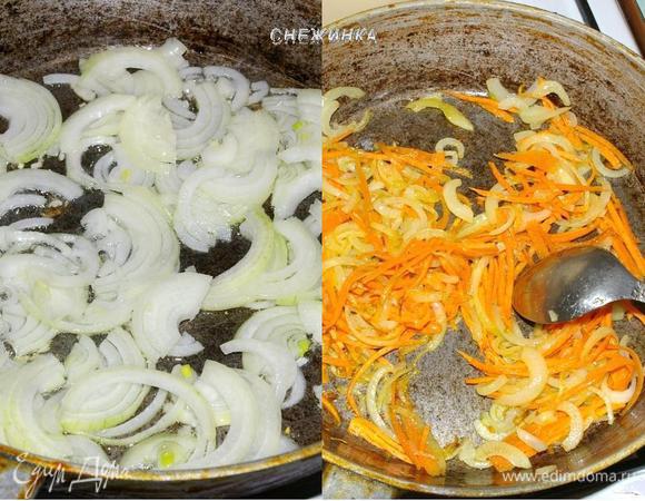 На сковороде разогреть оливковое масло, положить лук и томить до прозрачности. Затем добавить морковь и жарить еще пару минут. Морковь должна остаться немного твердой.