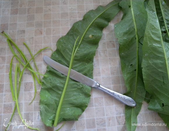 Щавнат моем и отрезаем толстую прожилку.