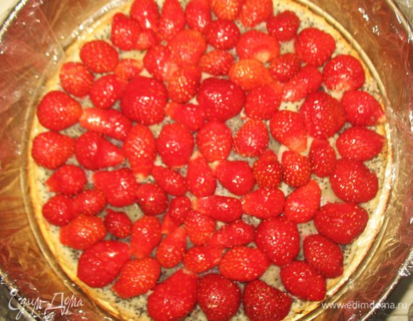 Клубнику разрезать пополам или на 4 части в зависимости от величины клубники. Разъемную форму застелить пленкой, Положить корж, на корж половину клубники, сверху выложить 2/3 крема и накрыть вторым коржом. Выложить оставшийся крем и ягоды. 