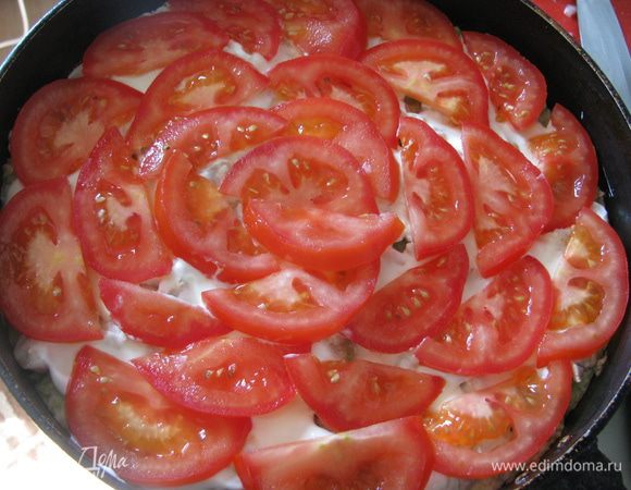 Смазать сметанкой. Можно еще и кетчупом или майонезом, я опять таки исходила из вкусовых предпочтений племянника. Выложить начинку из курицы и порезанных дольками помидор.И  отправляем в разогретую до 200С духовку на 40 мин.