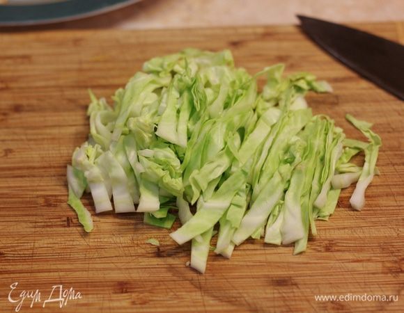 В качестве гарнира я использовал салат из молодой капусты. Порежьте капусту соломкой.