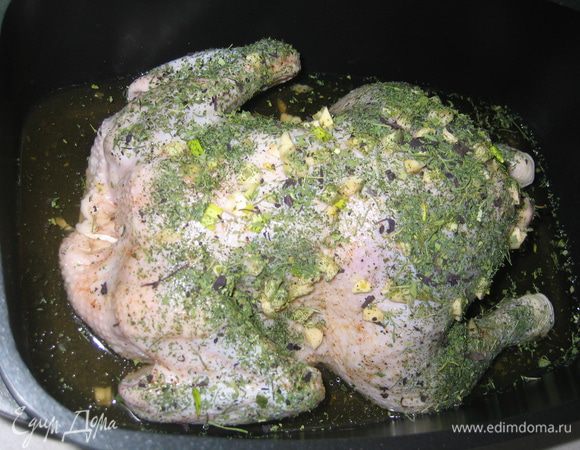 Курицу обработать, положить внутрь имбирь и 1/2 чеснока, посолить, поперчить, смазать маслом и посыпать травами. Уложить курицу в жаровню, влить пиво