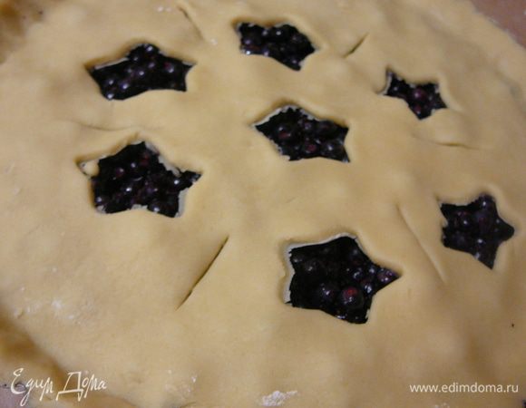 Раскатать вторую половину,вырезать формочкой дырочки.При помощи скалки перенести тесто в форму,уложить поверх черники,края защипать,придавив их к краям нижнего коржа.Лишнее тесто по краям обрезать.Сделать ножом разрезы на верхнем тесте.