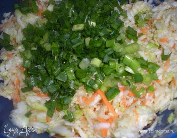 Натереть кабачок,морковь. Лук мелко порезать. Всё перемешать.