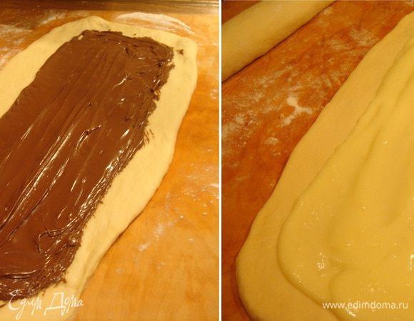 Тесто разделить на 4 части.Раскатать каждую в длинный пласт.Два пласта смазать ванильным кремом,а оставшиеся два пласта-чуть прогретой "Нутеллой".