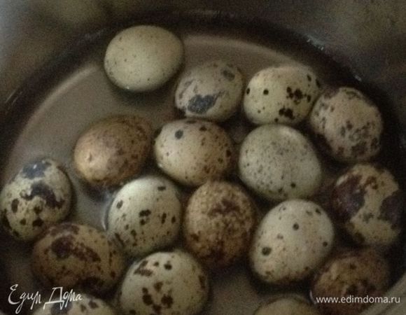 Вскипятить воду, посолить, сварить перепелиные яйца не более 2-3 мин, положить в холодную воду. Очистить от скорлупы.