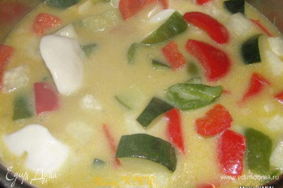 Как овощи стали мягче, влить молоко, добавить специи, посолить, дать немного повариться и убрать суп с плиты.