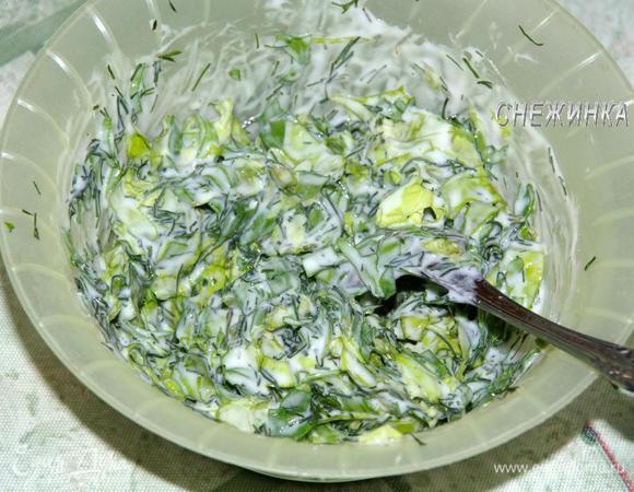 В зелень добавляем 5 ч.л. йогурта, подсаливаем по вкусу, перемешиваем.