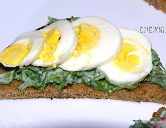 Остальной йогурт смешиваем с рукколой, подсаливаем по вкусу. Готовые яйца нарезаем кружочками. На тост кладем руколу с йогуртом, а сверху яйцо.