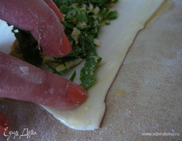 Смазать одну половину прямоугольника взбитым яйцом,сложить и защипать края.