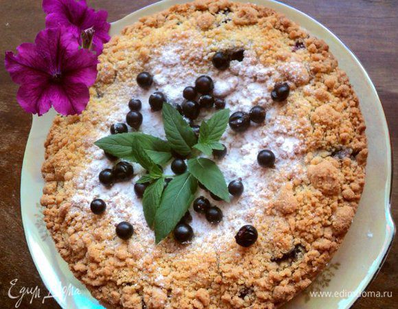 Готовый пирог охладить, не вынимая из формы. Охлажденный пирог посыпать сахарной пудрой и украсить ягодами смородины и мятой.                                                             