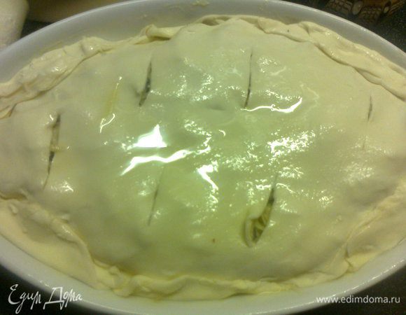 Накрыть тестом,подвернуть края,сделать надрезы и наколоть вилкой,смазать маслом и отправить запекать в духовку!!!