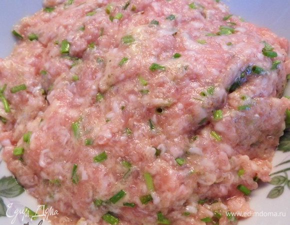 Приготовить фарш:
Шнит-лук помыть, обсушить и мелко порезать. Смешать все ингредиенты для фарша и хорошо его вымесить.