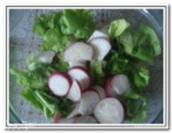 Листья салата и руколы вымыть, обсушить и порвать руками в тарелку. Редиску нарезать кружочками. 