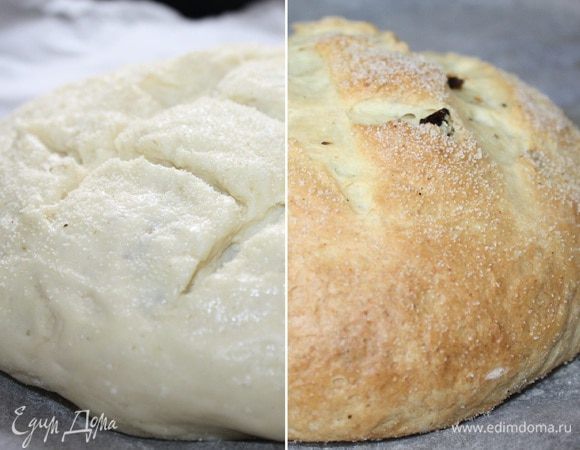 Поднявшееся тесто смазать молоком(или смесью молока и желтка),присыпать сухой манкой(орехами или семечками,ароматными травами),надрезать поперёк 2-3 раза и поставить выпекаться в духовку,разогретую до 220*С на 10 минут.Затем уменьшить огонь до 180*С и допечь до румяной корочки(25-35 минут).Готовый хлеб прикрыть полотенцем и полностью остудить.Притного аппетита!