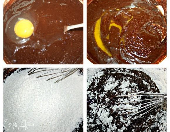 Наша смесь уже остыла, по одному вводим яйца, каждый раз размешиваем до однородности. Муку просеять с солью и разрыхлителем, перемешиваем венчиком. 