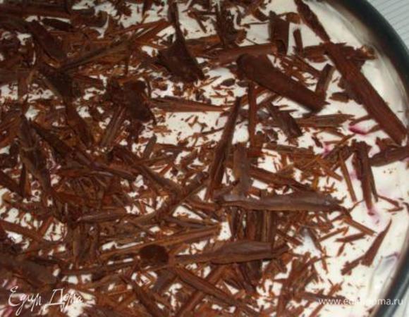 На застывшее желе выложить крем, разровнять его лопаткой и отправить ненадолго в холодильник.  Сверху на крем выложить шоколадную стружку. Торт вновь поставить в холодильник на пару часов,...или больше, если получится:)