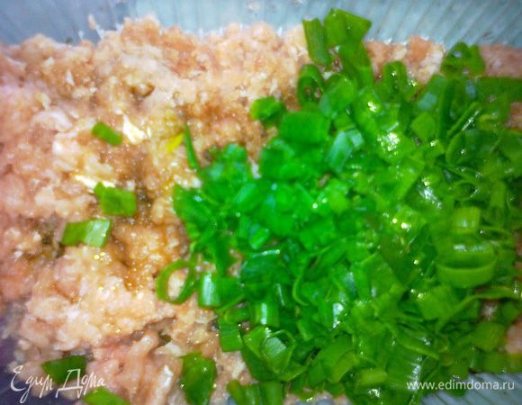 1. Делаем фарш из свинины. Добавляем кунжут.масло, соевый соус, соль, измельченный чеснок, тертый имбирь, рубленый зеленый лук, чили.