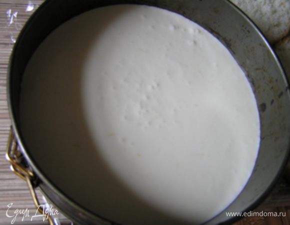 Застелить разъемную форму для торта пищевой пленкой, на дно выложить бисквитный корж. Залить сверху баварским мятным  муссом, накрыть вторым коржом, убрать в холодильник до использования.