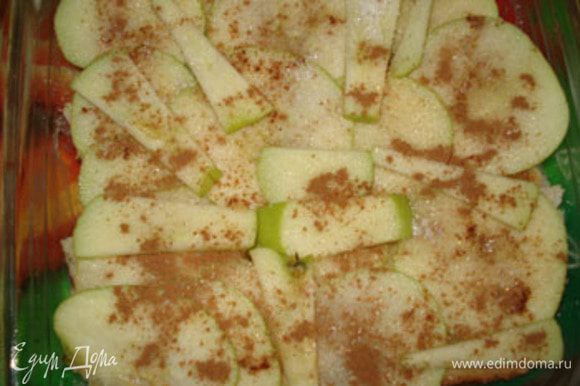 на слой хлеба положить слой яблок, нарезанных кружками. сверху посыпать их корицей и сахаром.