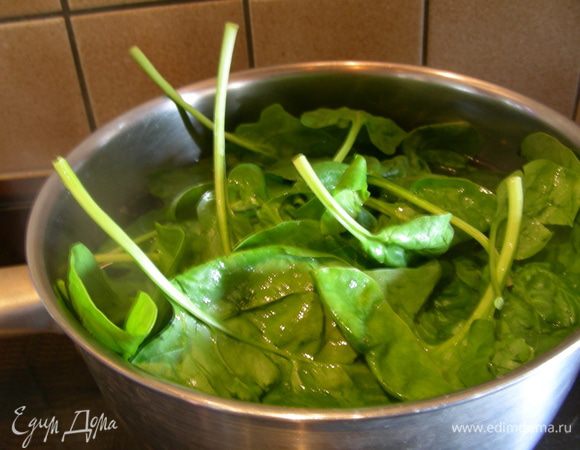 Щавель и шпинат перебираем, моем. Опускаем в кипящую воду на 1 минуту и откидываем на дуршлаг. Затем обдаем холодной водой и обсушиваем салфетками.
