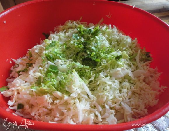 Капусту смешать с зеленью.
