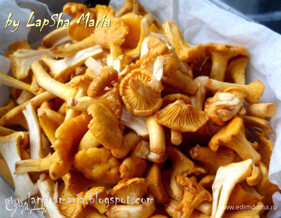 Первым делом надо обработать лисички. Это требует немного времени и внимания. Будьте аккуратны и хорошо промойте лисички от земли и грязи. Выложим на бумажные полотенца на 5-10 минут, чтобы стекла вода. На хорошо разогретую сковороду отправляем лисички БЕЗ масла. Ждем пока выйдет вся вода, это может занять 5-7 минут. Затем добавляем масло и обжариваем грибы до легкой золотистости. Достаем лисички из сковороды и отставляем в сторону.