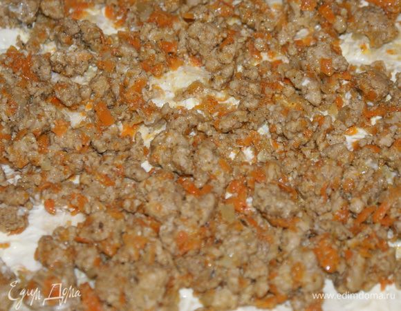 Лаваш разрежьте на 3 части (если большой) или возьмите 3 листа. Смажьте 1 кусок майонезом с чесноком. Сверху выложите фарш с морковью и луком.