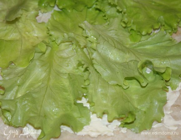 Выложите на фарш второй кусок лаваша, смажьте майонезом. Выложите листья салата.
