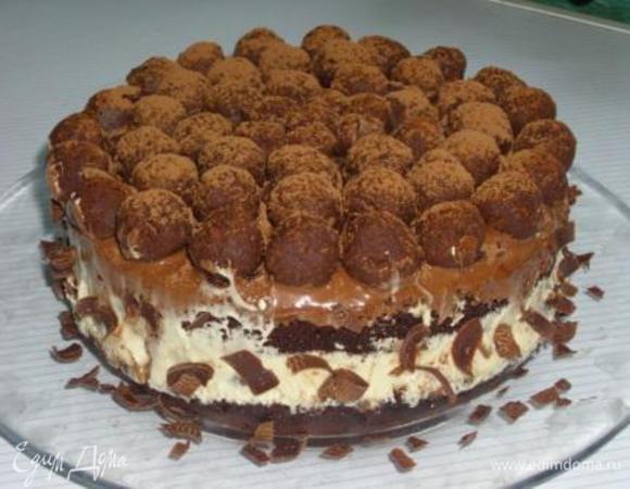 Готовый торт охладить (можно в морозильной камере), перед подачей снять бортики формы и украсить бока шоколадной стружкой.
