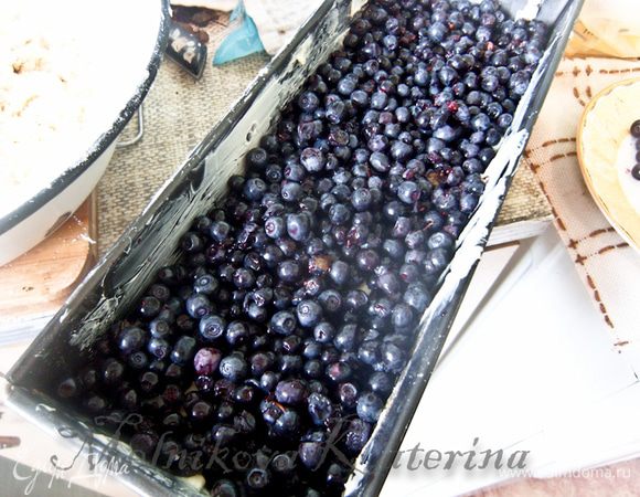 Выложить тесто в форму для запекания, смазанную сливочным маслом. На тесто выложить промытую чернику. 