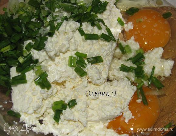 Смешиваем творог, яйца, соль, мелкорезанный зеленый лук.