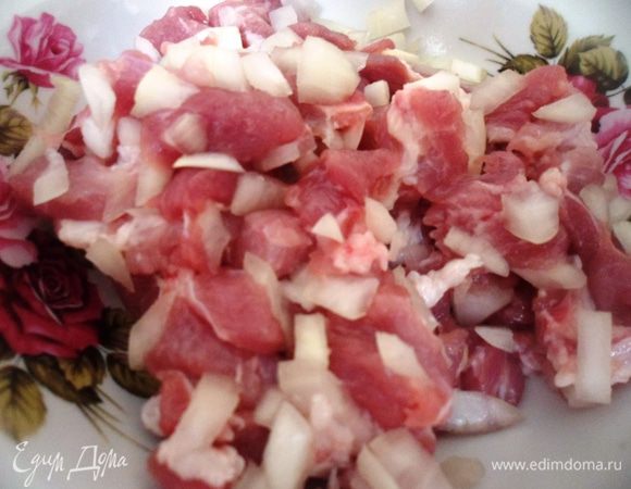 Приступим к начинке: мясо нарежьте на небольшие кусочки, добавьте к нему специи и соль. Лук мелко нарежьте и тоже добавьте к мясу, перемешайте и пока отставьте в сторону.