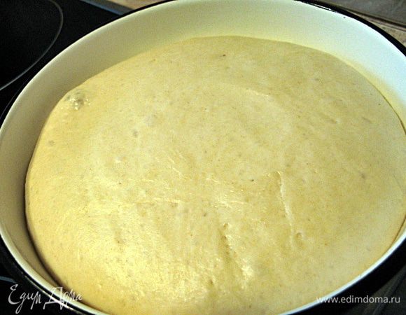 Сделать воронку и влить дрожжевую смесь с маслом. Посолить и замесить мягкое тесто. У меня ушло 350 гр муки для замеса. Оставить подойти на 1,5 часа или до увеличения теста в объеме в 2 раза.