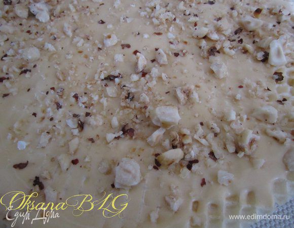 Через один добавляя фундук. Перемазанные коржи немного прижать сверху, поставить в холодильник на 2-3 часа.