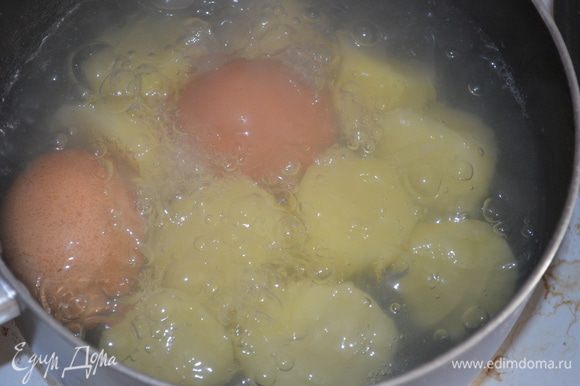 Картофель и яйца сварить в одной кастрюле.