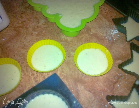добавить муку,тесто должно быть как на оладушки не густое,смазать маслом формы и разлить тесто,выпекать в духовке при т.240 около 25-30 мин,проверяем готовность зубочисткой
