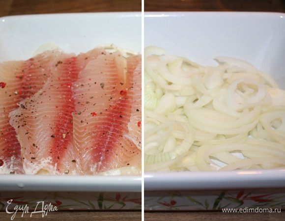 Лук крупно нарезать(кольца,полукольца)и выложить на дно жаропрочной формы.На лук уложить филе тилапии.Посолить,поперчить и залить сливками.