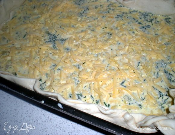 Залить смесью сметаны и яйца, присыпать сыром.