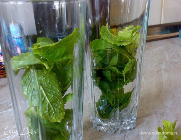 Мяту вымыть, листики отделить, разложить по стаканам.