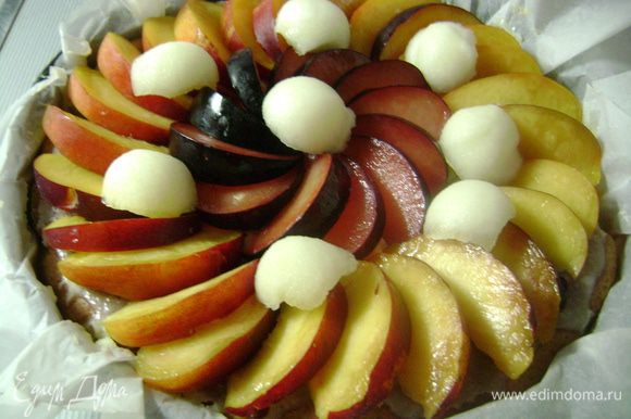 Выложить на пирог фрукты и/или ягоды - свежие или консервированные
