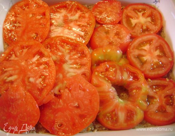 Сверху на фарш уложить помидоры, нарезанные кружочками.