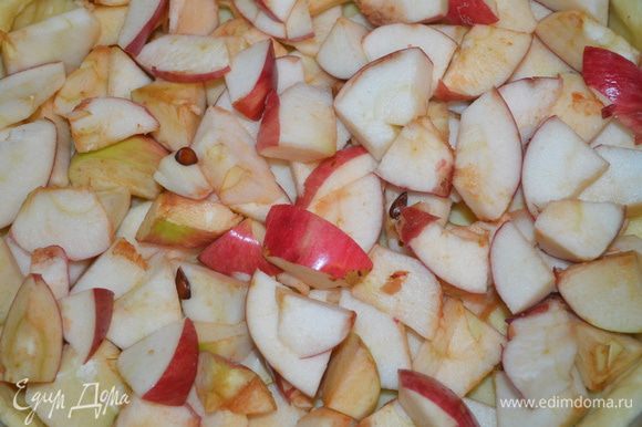 Яблоки помойте, уберите сердцевину, можно не чистить. Нарежьте на мелкие кубики и выложите на тесто.