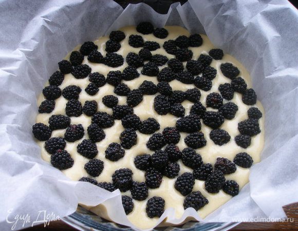 Форму застелить пергаментом, вылить тесто, сверху в произвольном порядке выложить ежевику.