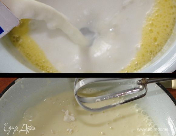 В полученную смесь влить кефир, хорошо взбить. Затем добавить муку в таком количестве, чтобы получилась достаточно густая смесь. Тщательно перемешать.